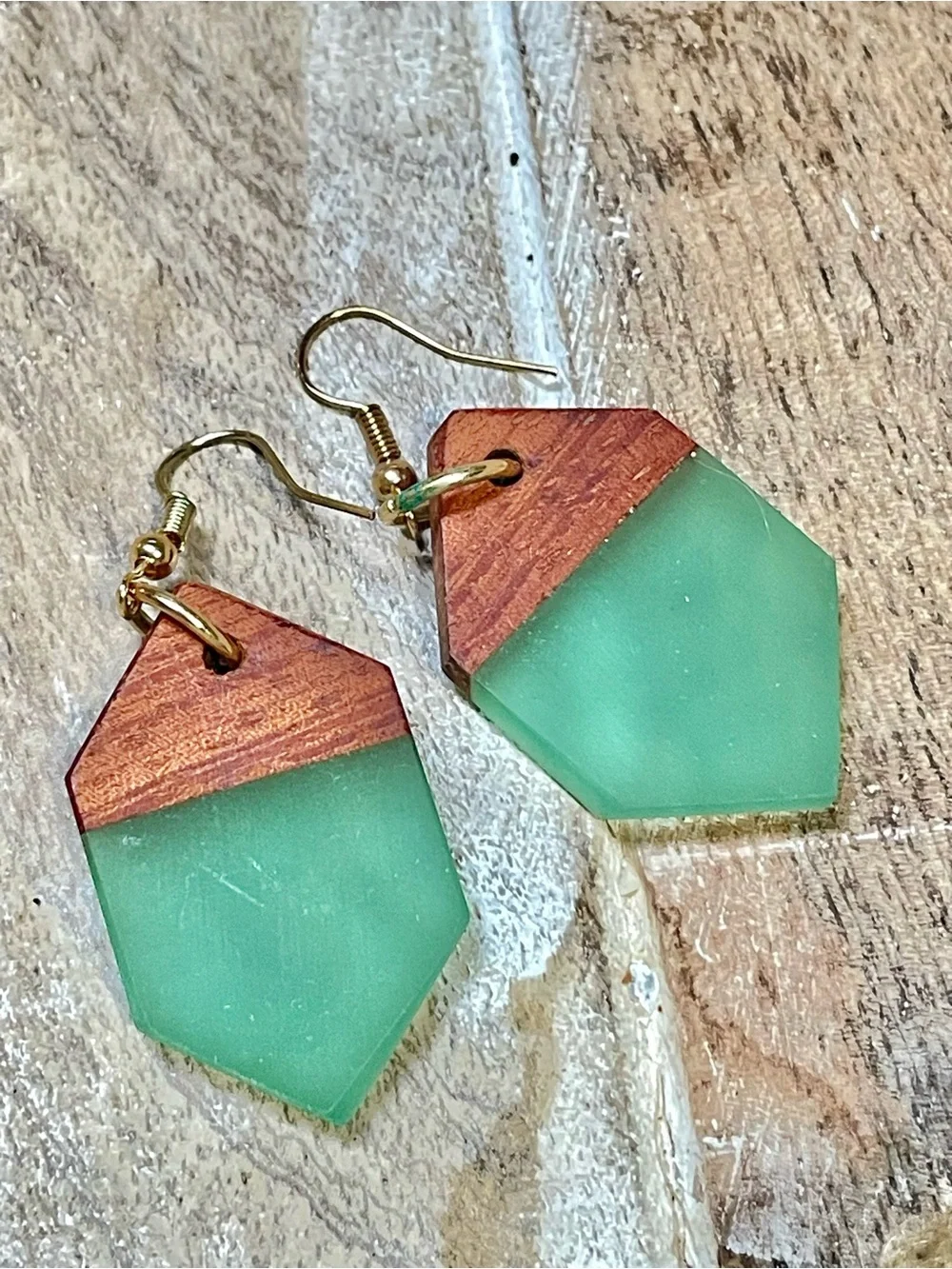 Handcrafted Seafoam Green Resin and Wood Geometric Drop Earrings - Elegantique